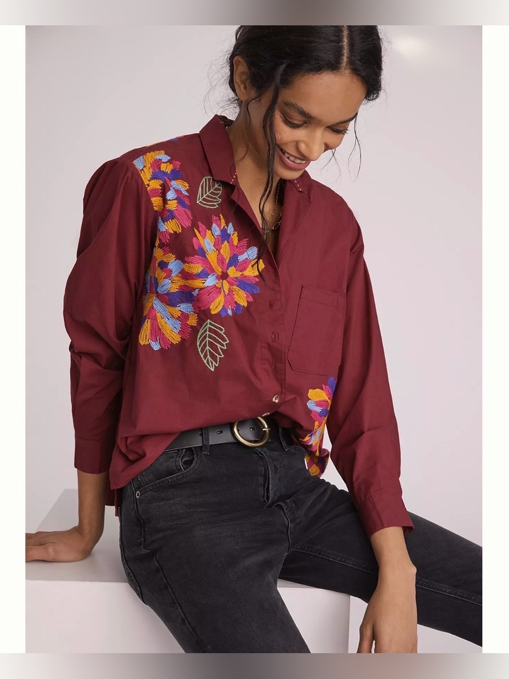 Anthropologie Maeve Embroidered Buttondown
